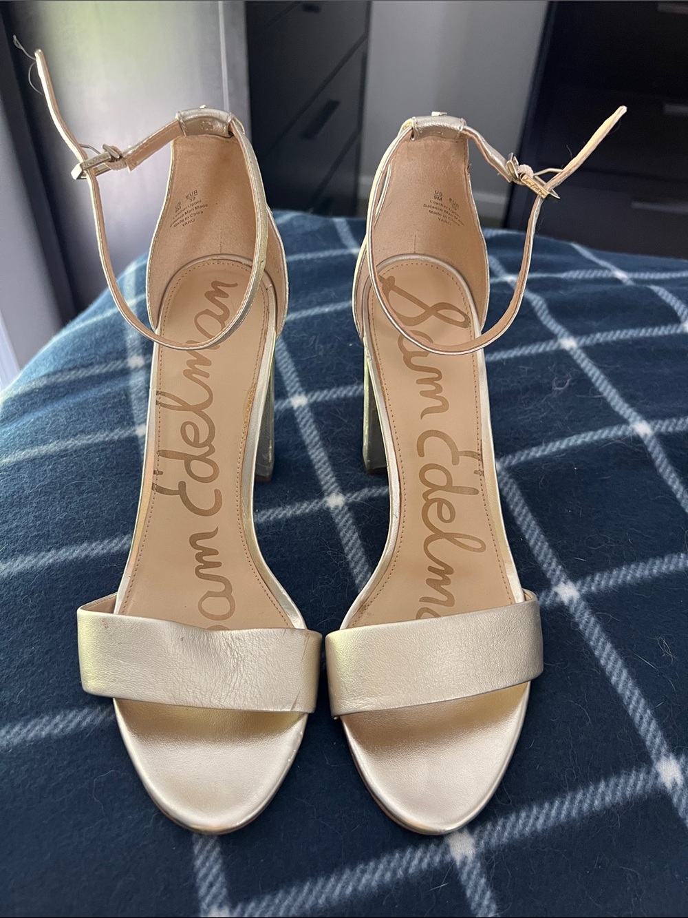 Sam Edelman Metallic Gold Open-Toe Ankle-Strap Block Heels